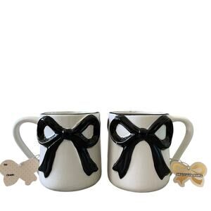 Sheffield Home Hand Painted Large Black Bow Embossed Mug Set of 2 White New